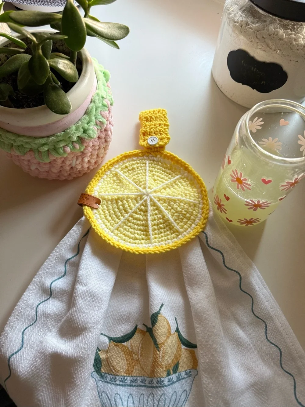 Handmade Yellow Lemon Hanging Kitchen Hand Towel with Crochet Top